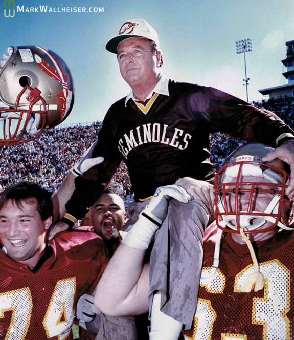 Bobby Bowden takes a ride after win #200 after beating LSU 42-3 in October 1990.